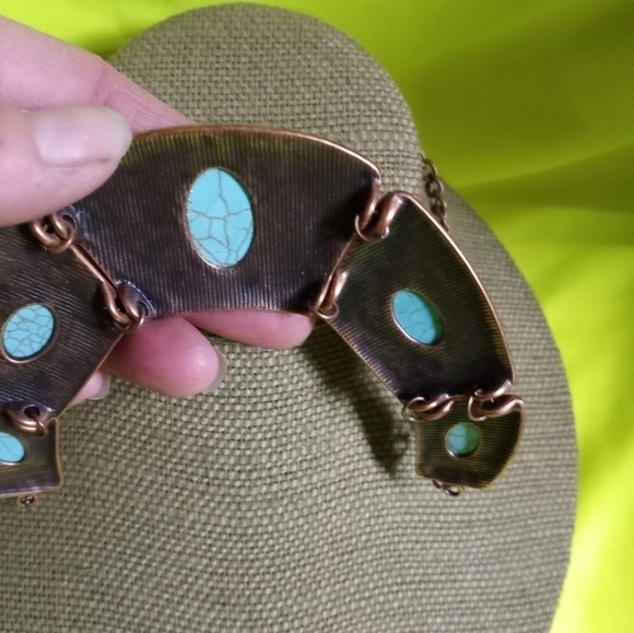 Copper color blue faux turquoise chain necklace - Picture 2 of 4